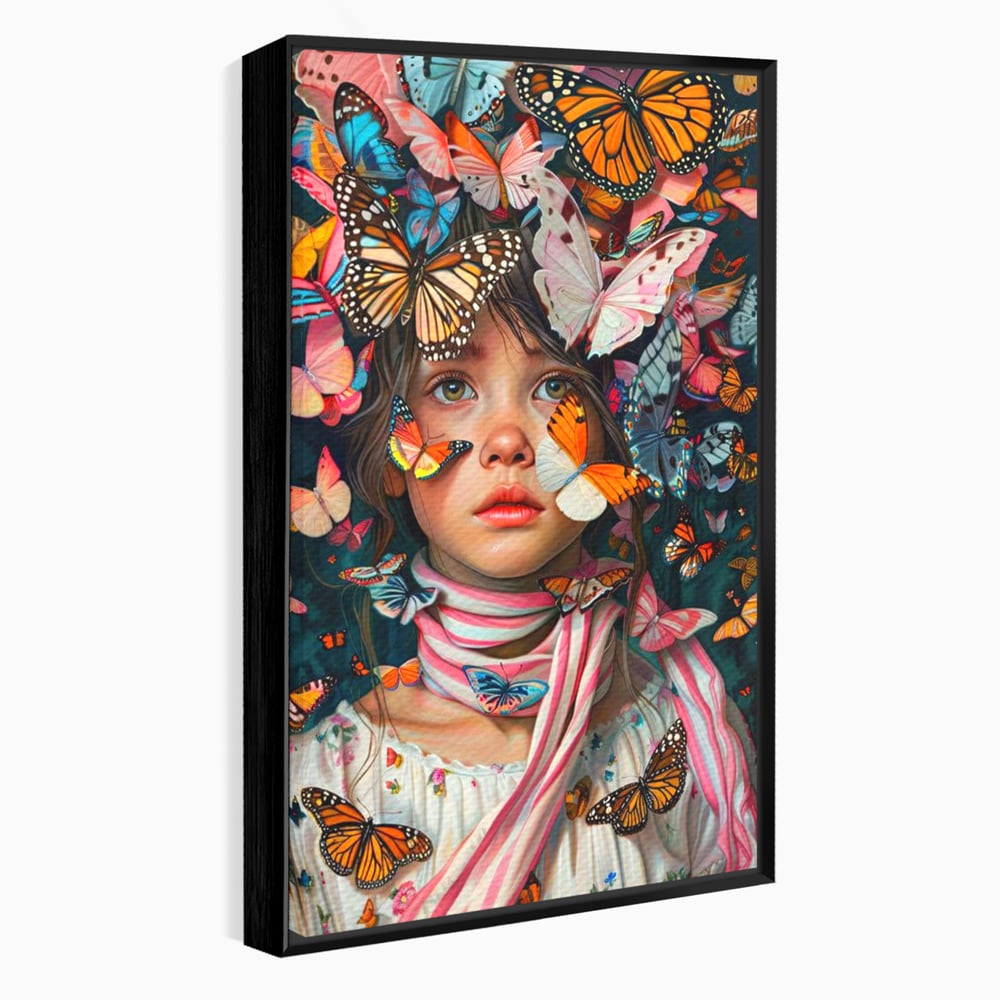 Tablou canvas cu tablou canvas cu fata si fluturi colorati, in rama de aluminiu negru